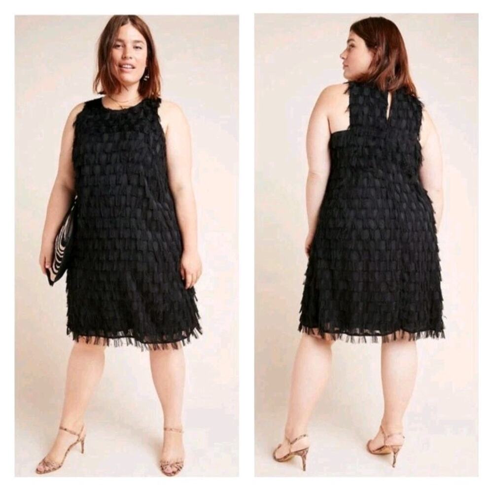 NWT Anthropologie size 18W Roxie Black Textured Fringe Polka Dot Shift Dress LBD